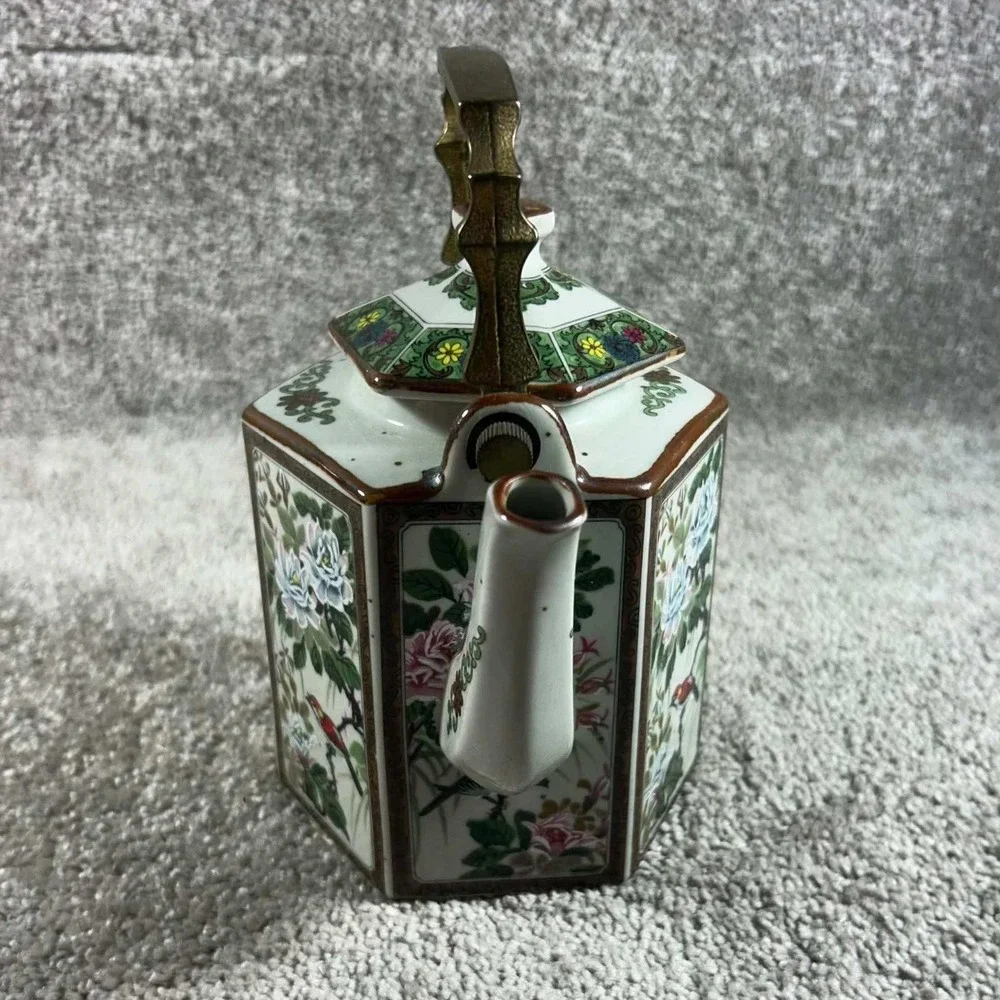 Andrea by Sadek Teapot White Floral Bird Hexagonal Brass Handle Japan Vintage